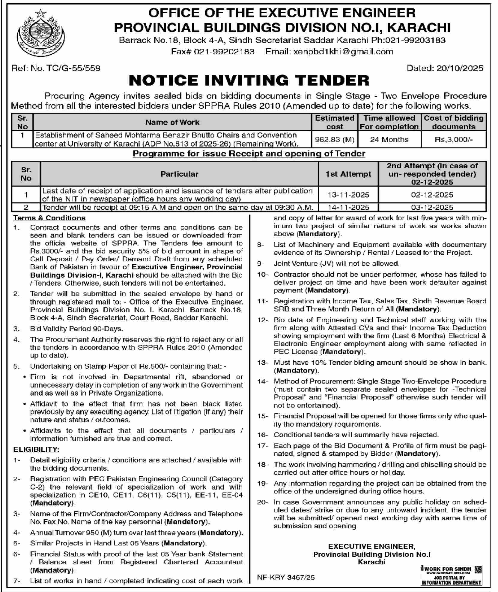 Building Division Karachi Tender Notice